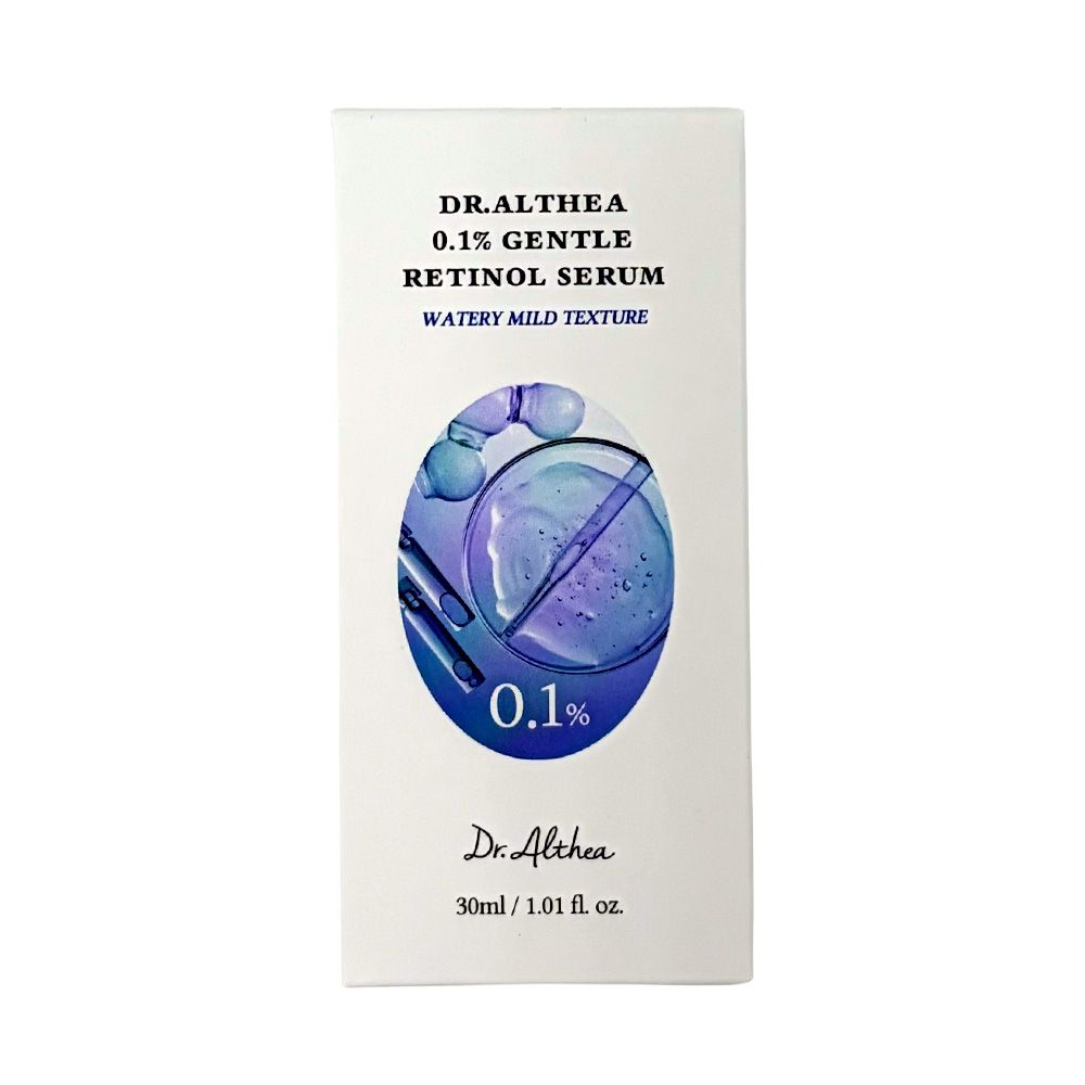 Verpackung für Dr. Althea 0,1% Sanftes Retinol-Serum mit Pipette und Serumprobe.