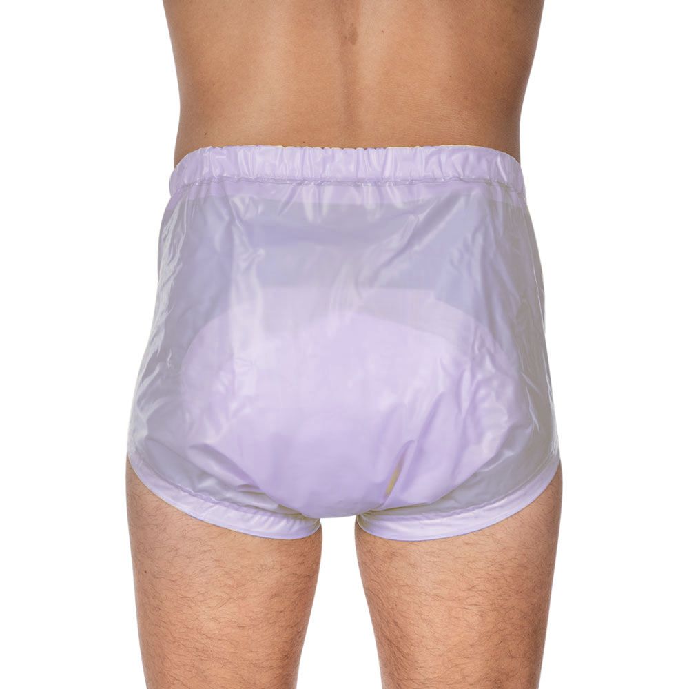 Inkontinenz-Slip aus PVC, lavendelfarben, mit verstellbarem Beingummi. Ansicht von hinten.