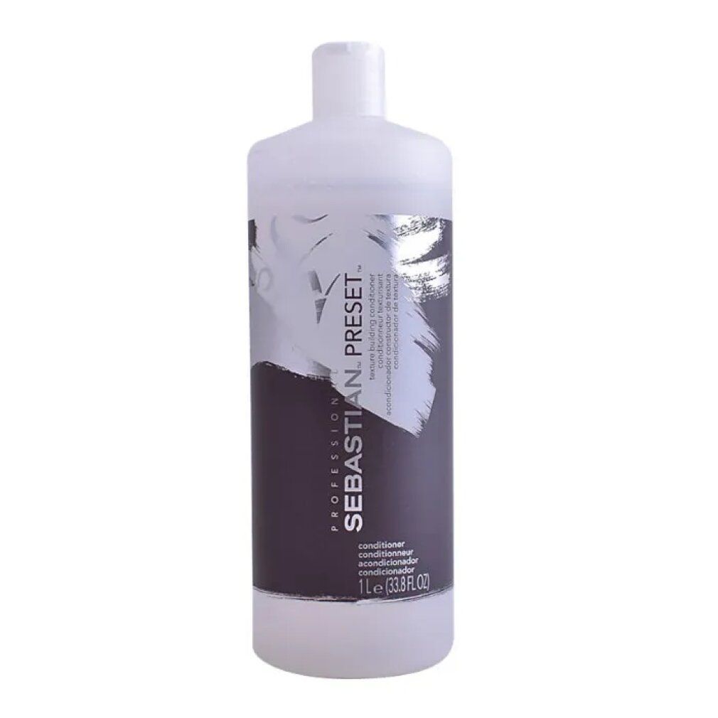 Flasche Sebastian Preset Conditioner. Weißes Gefäß mit schwarzem Etikett. Text: Sebastian Preset, Conditioner, 1L.