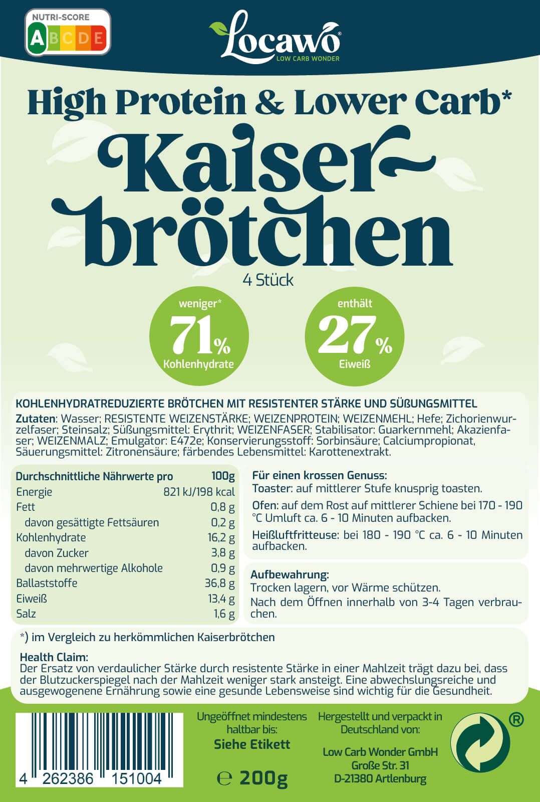 Nahaufnahme der Verpackungsrückseite von Locawo Kaiserbrötchen. Enthält Nährwertangaben, Zutatenliste und Hinweise zur Zubereitung und Lagerung.