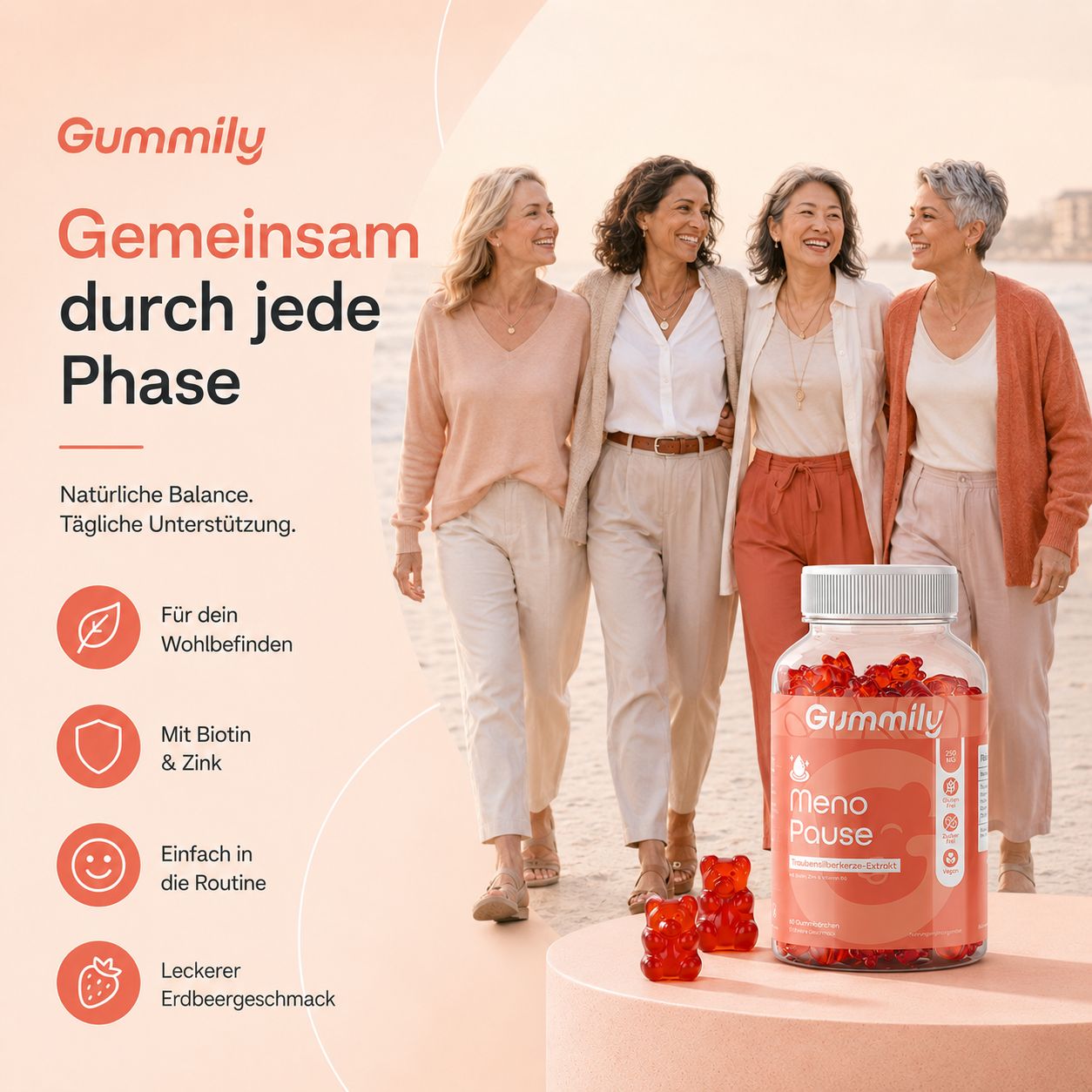 Vier Frauen am Strand mit Gummily Meno Pause Flasche. Text: 'Gemeinsam durch jede Phase'.