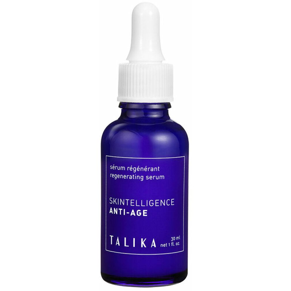 Blaue Glasflasche mit weißem Tropfer. Aufschrift: Skintelligence Anti-Age, Talika. Regenerierendes Serum.