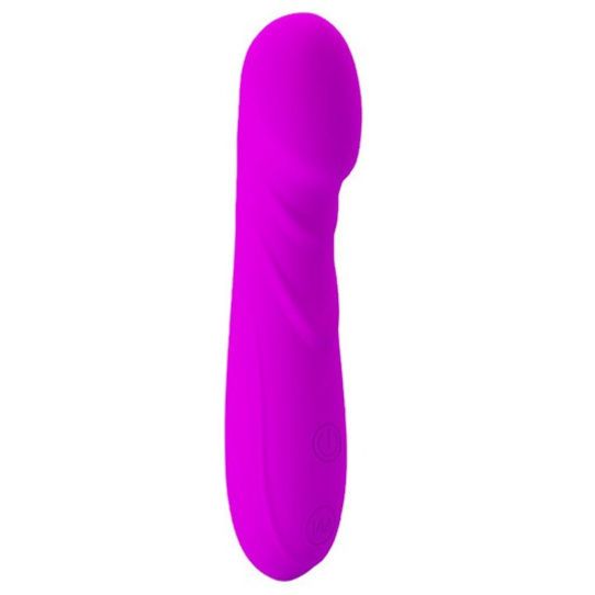 Lila Vibrator mit geschwungener Form. Zwei Knöpfe an der Basis.