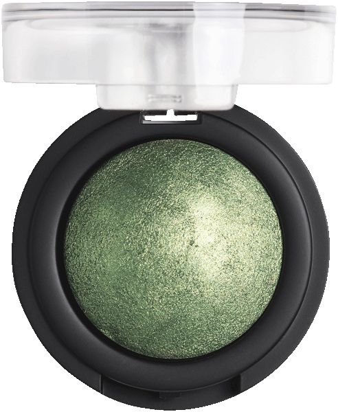 Runder, grüner Lidschatten in schwarzem Behälter mit durchsichtigem Deckel. Produkt: Nilens Jord, Baked Mineral Eyeshadow.