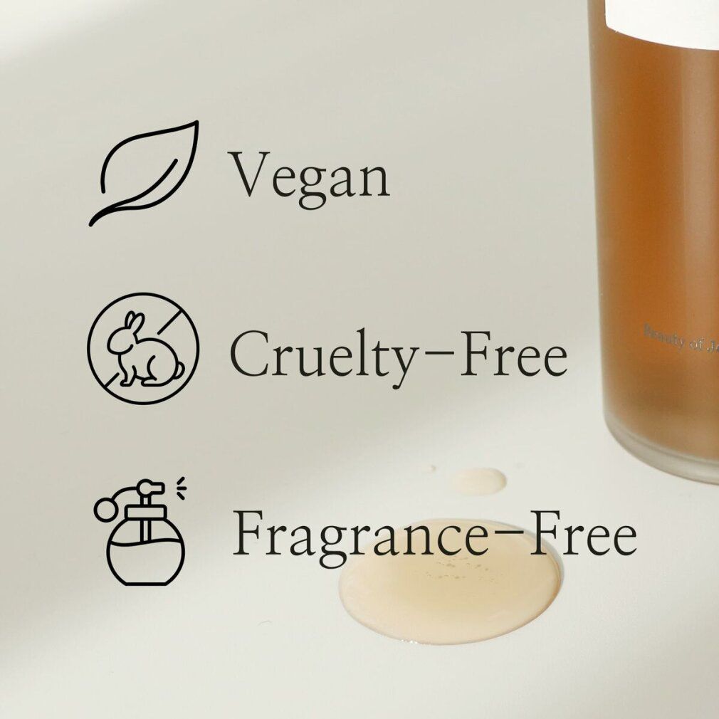 Icons: Vegan, Cruelty-Free, Fragrance-Free. Flüssigkeitstropfen.
