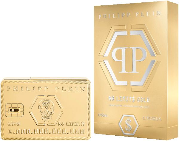 Goldfarbenes Parfum Philipp Plein No Limit$ Gold EdP Nat. Spray. Rechteckige Flasche und Verpackung mit Logo und Schriftzug.