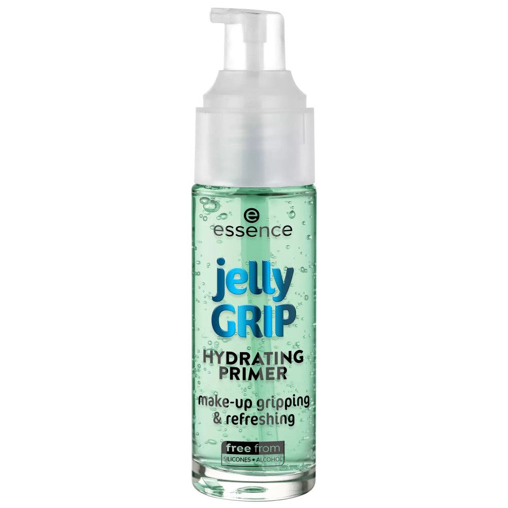 Essence Jelly Grip Hydrating Primer in klarer Flasche mit Pumpspender. Grüne Geltextur mit Bläschen.