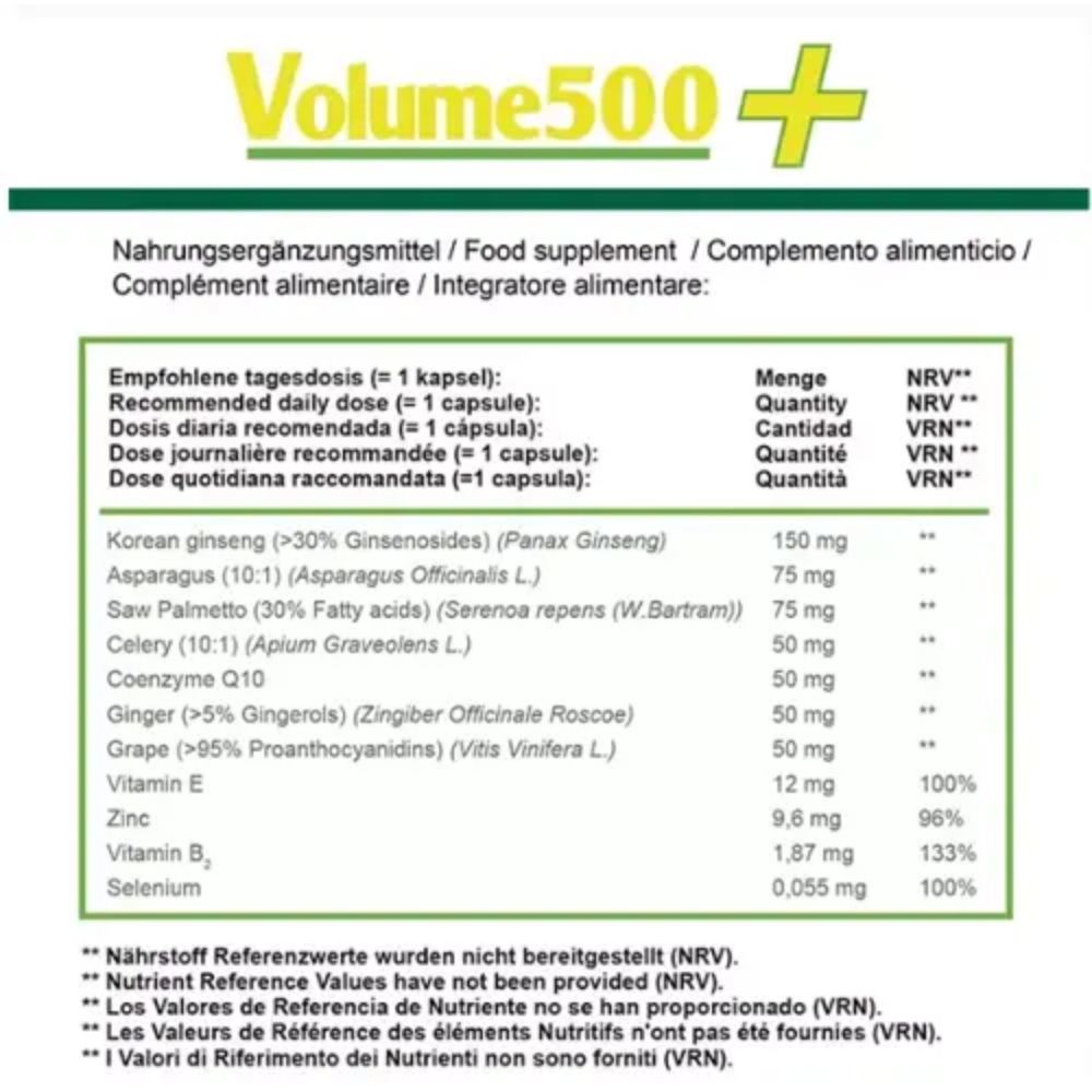 Tableau des compléments alimentaires avec ingrédients et informations nutritionnelles pour "Volume500+".