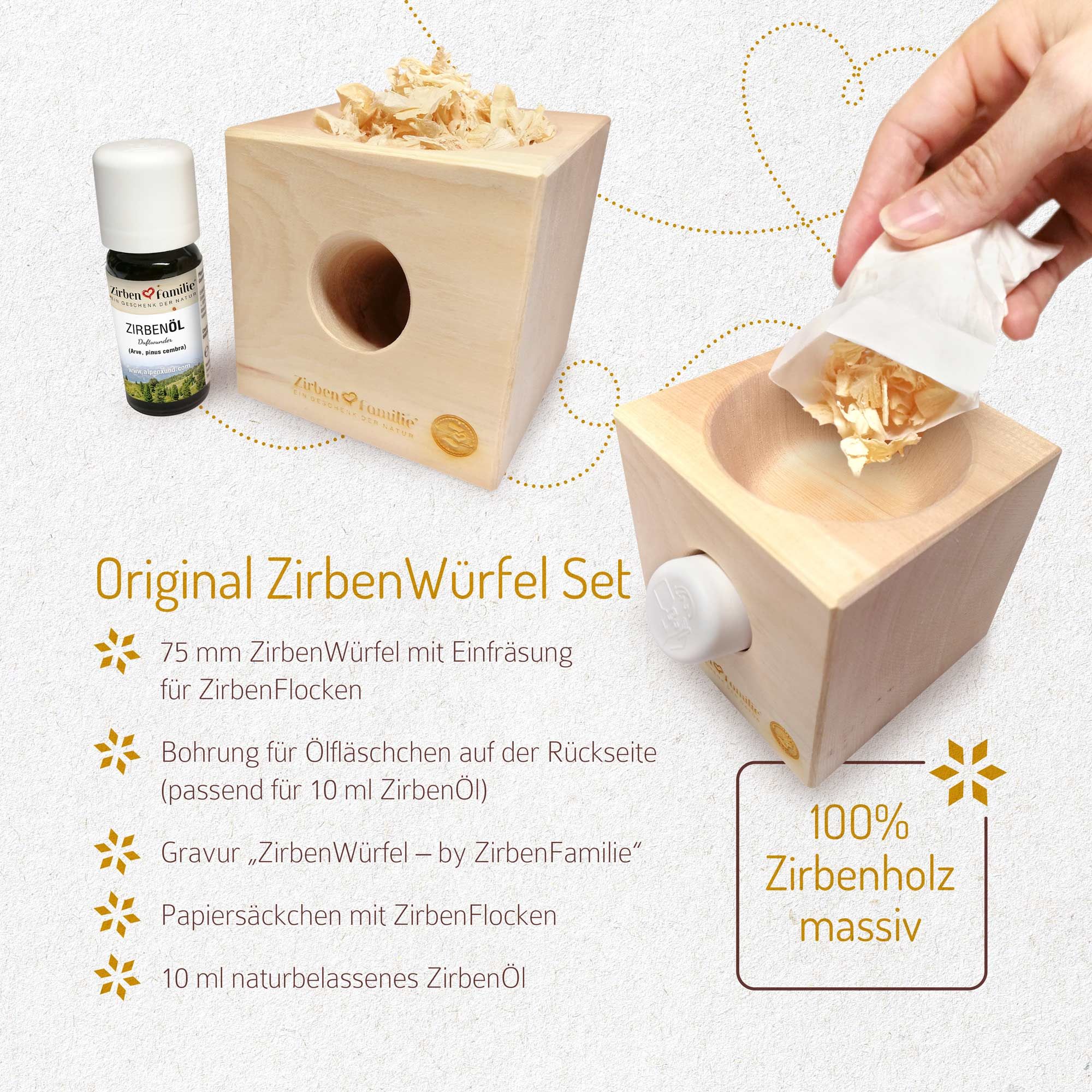 Holzbox mit Holzspänen und Loch. Ölflasche. Holzbox mit Text und Holzspänen. Papierbeutel mit Holzspänen. 10 ml Öl.