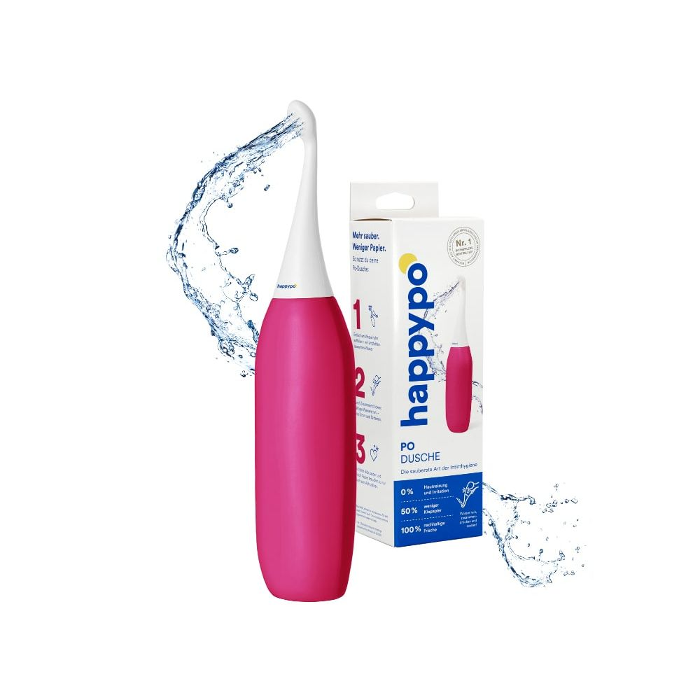 Pinkfarbene Po-Dusche XL mit weißem Aufsatz. Neben der Verpackung mit Produktname und Illustration.