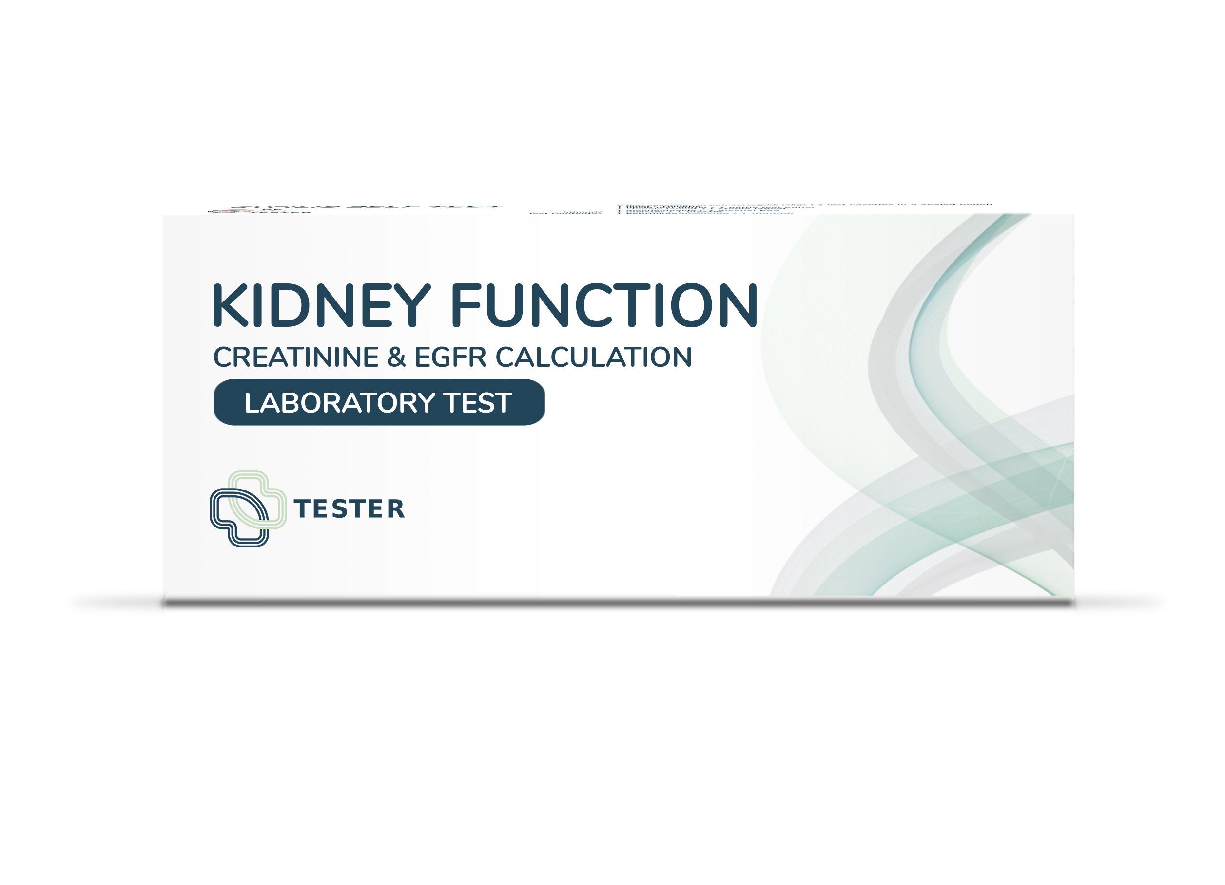Verpackung für einen Labortest zur Nierenfunktion. Aufschrift: Nierenfunktion, Kreatinin & eGFR-Berechnung, Labortest. Marke: Tester.