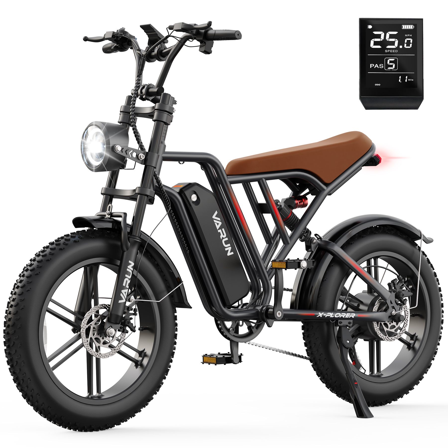 Schwarzes VARUN X-Plorer E-Bike im Moped-Stil mit braunem Sitz, Scheinwerfer und Digitalanzeige. Fette Reifen.