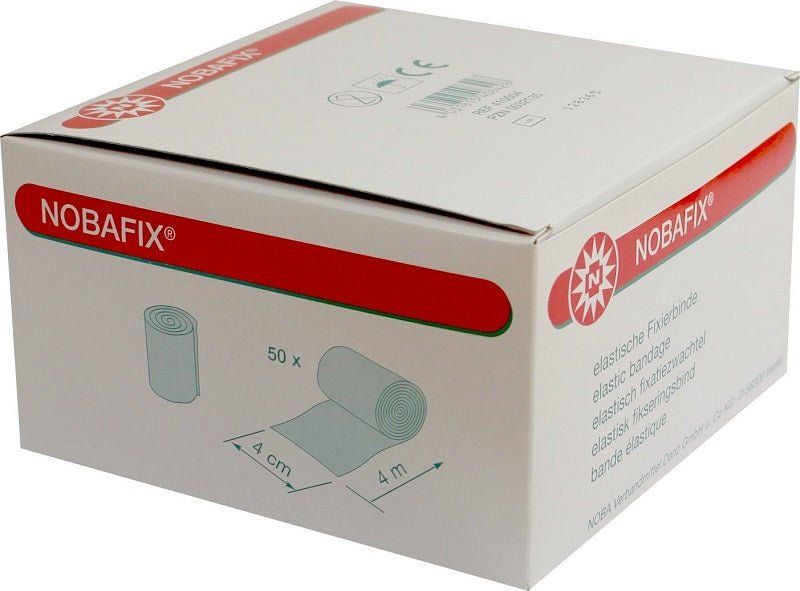 Weiße Box mit NOBAFIX-Logo und Abbildung von elastischen Fixierbinden. 50 Stück, 4cm x 4m. CE-Kennzeichnung.