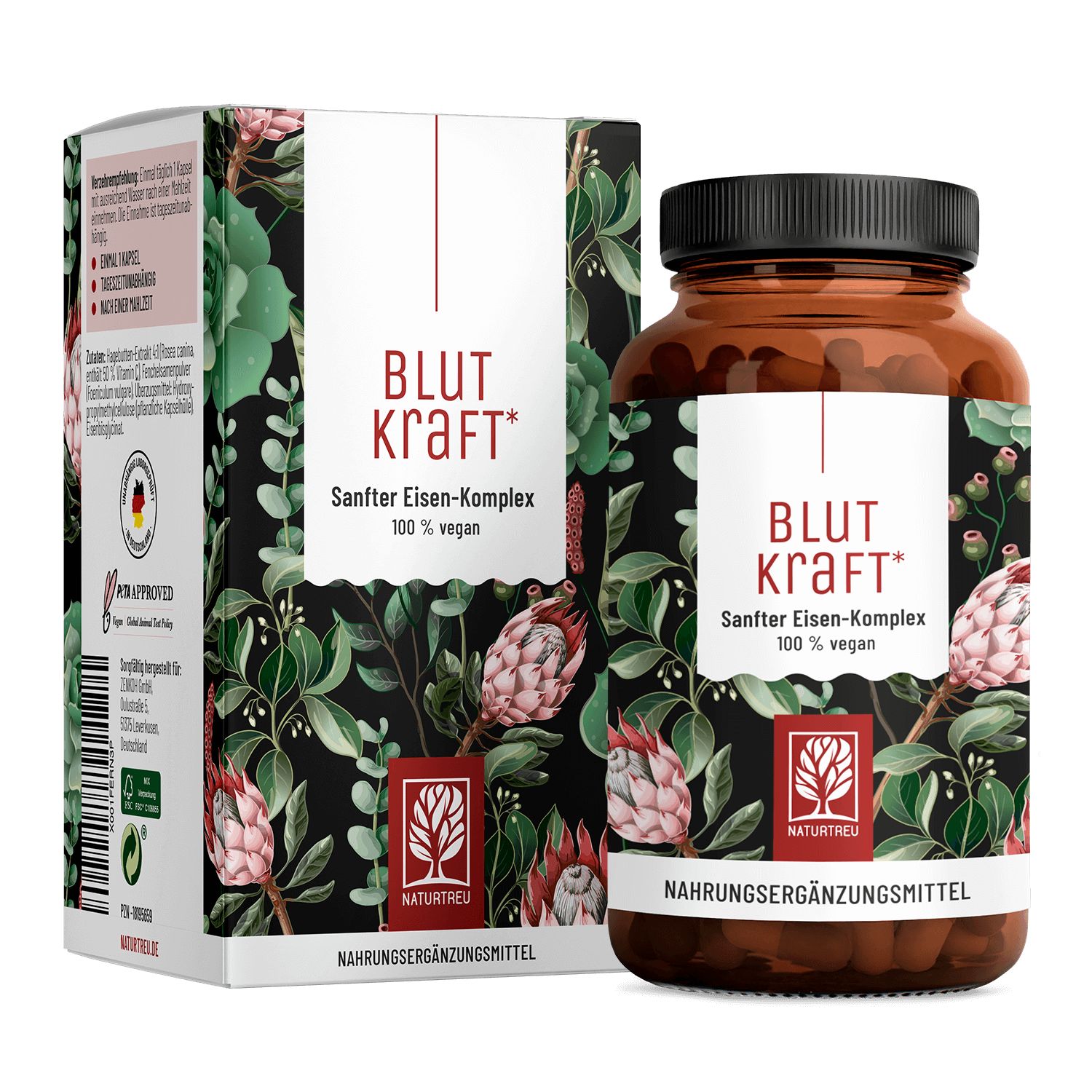 Braune Flasche und Schachtel mit Produktaufdruck. Aufschrift: BLUT KRAFT, Sanfter Eisen-Komplex, 100% vegan. NATURTREU Logo.
