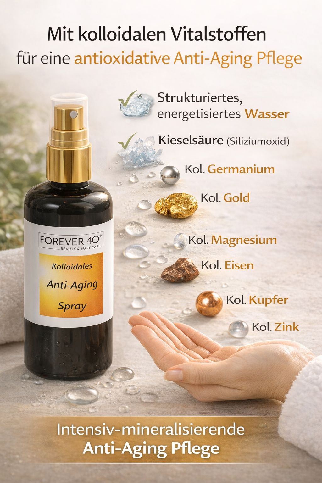 Sprühflasche mit goldfarbenem Sprühkopf. Etikett mit Produktnamen und Text. Verschiedene Mineralien neben der Hand.