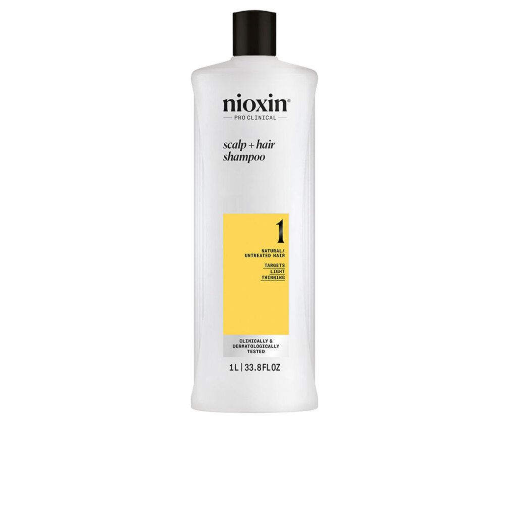 Weißes Shampoo mit schwarzem Deckel. Gelbes Etikett mit Text. Aufschrift: Nioxin, Scalp & Hair Shampoo, 1. 1L/33.8FL.OZ.