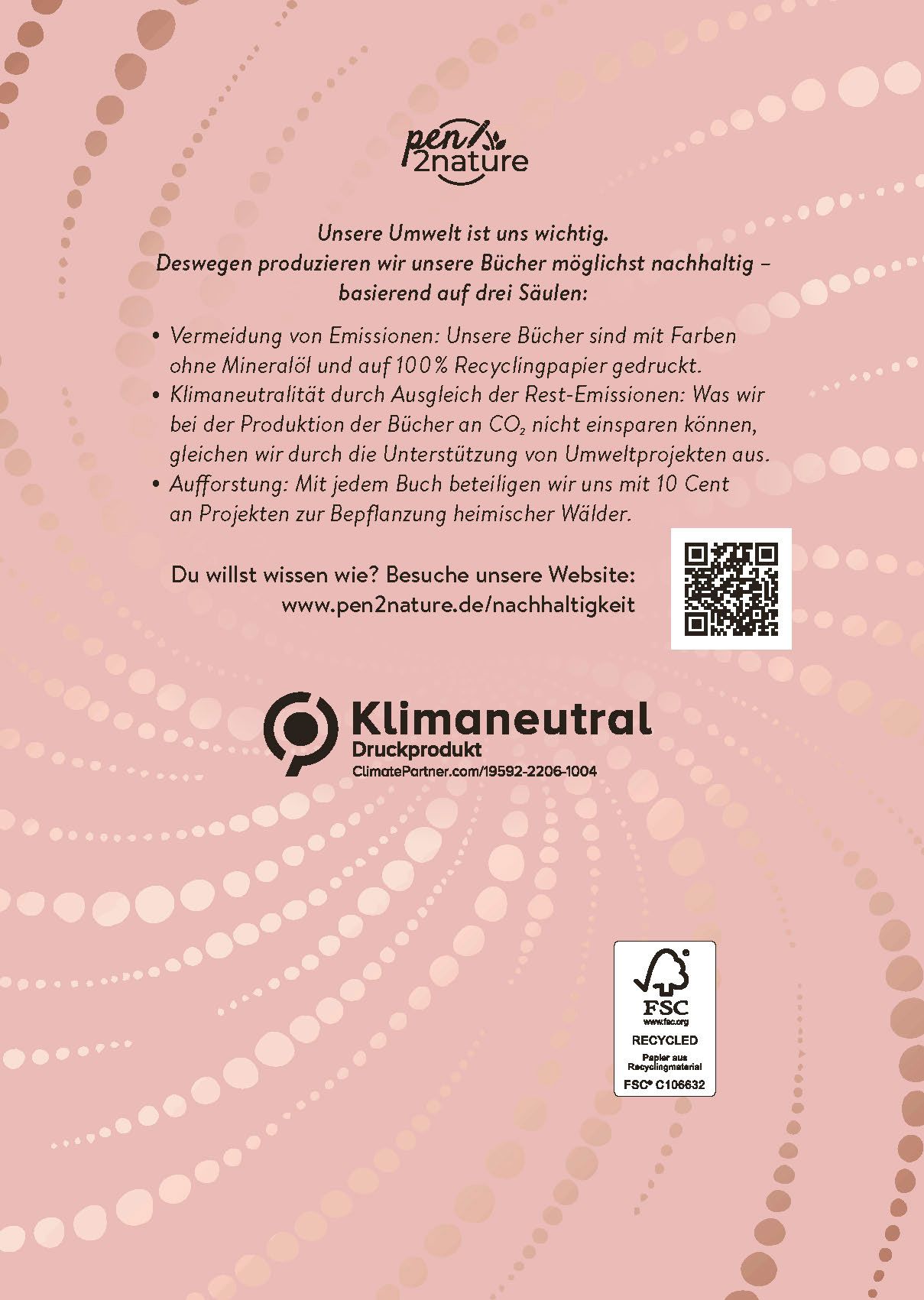 Rückseite des Tagebuchs mit Text in deutscher Sprache. Logo "Klimaneutral Druckprodukt" und FSC-Siegel.