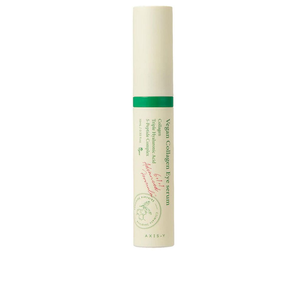 Produkt auf weißem Hintergrund. Tube mit grünem Streifen und Text: Vegan Collagen Eye Serum.