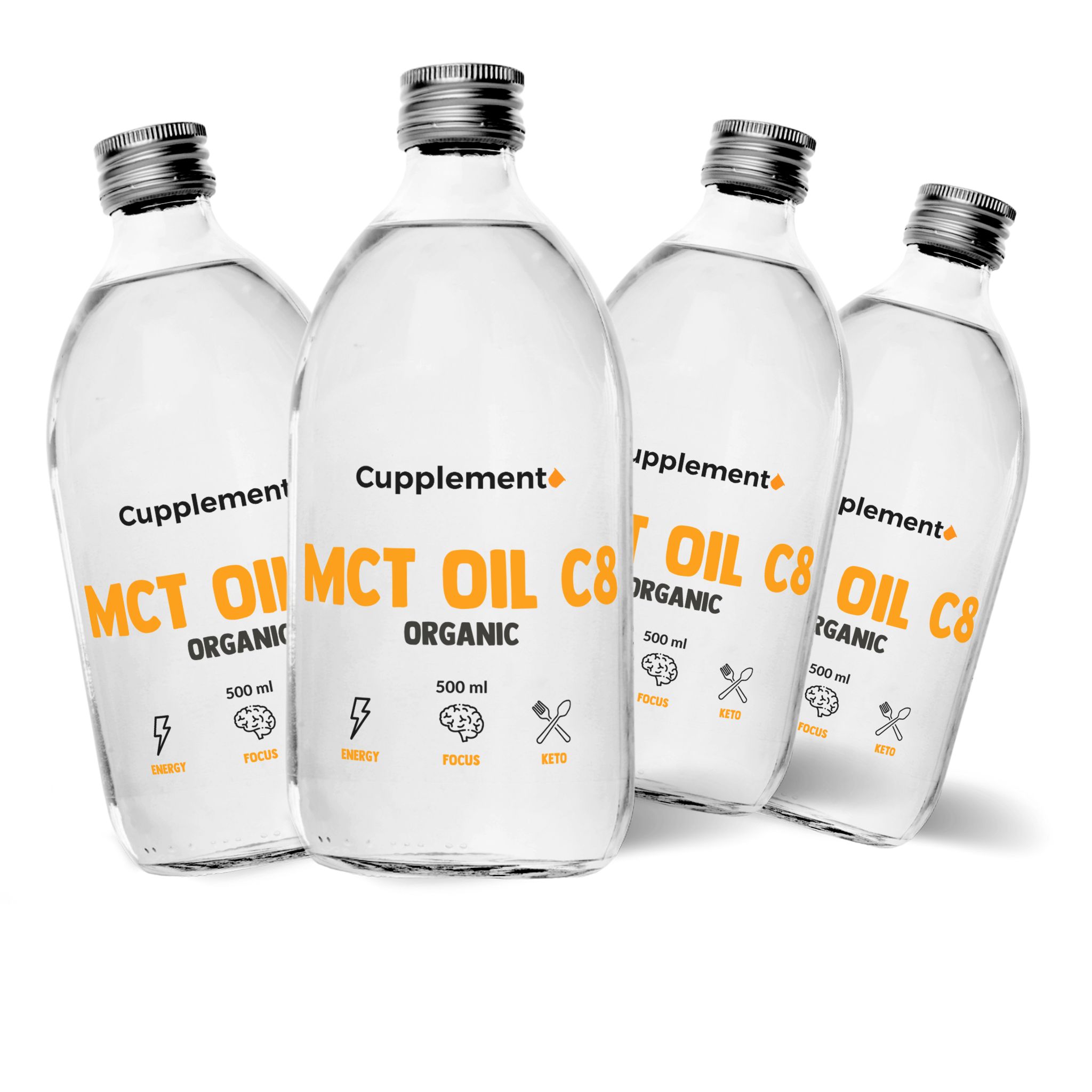 Mehrere Flaschen Cupplement MCT OIL C8 ORGANIC. Klare Flüssigkeit, silberne Deckel, gelbe Schrift.