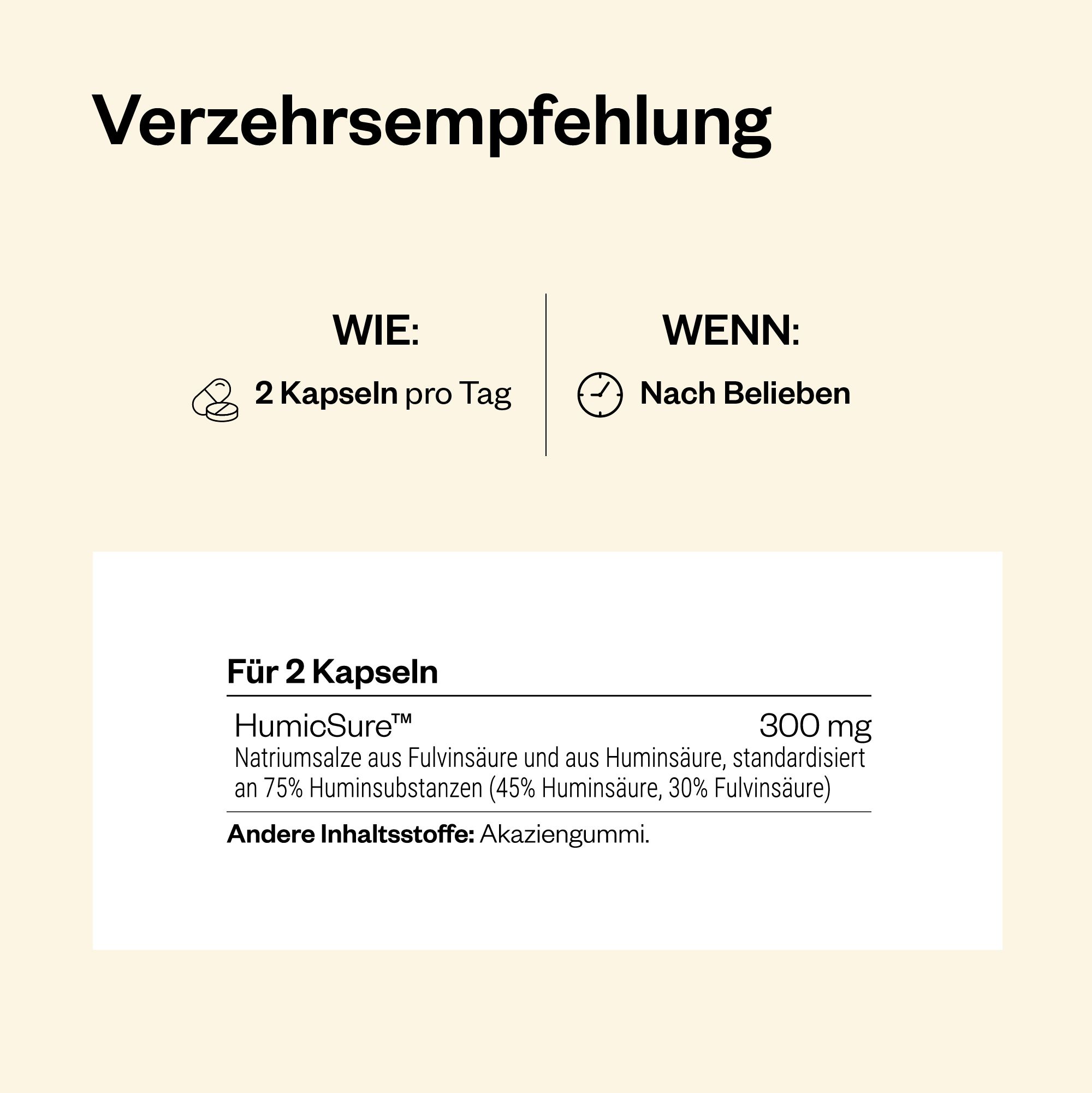 Infografik mit Verzehrempfehlung für Huminsäuren & Fulvinsäuren. 2 Kapseln pro Tag. Inhaltsstoffe: HumicSure, Akaziengummi.