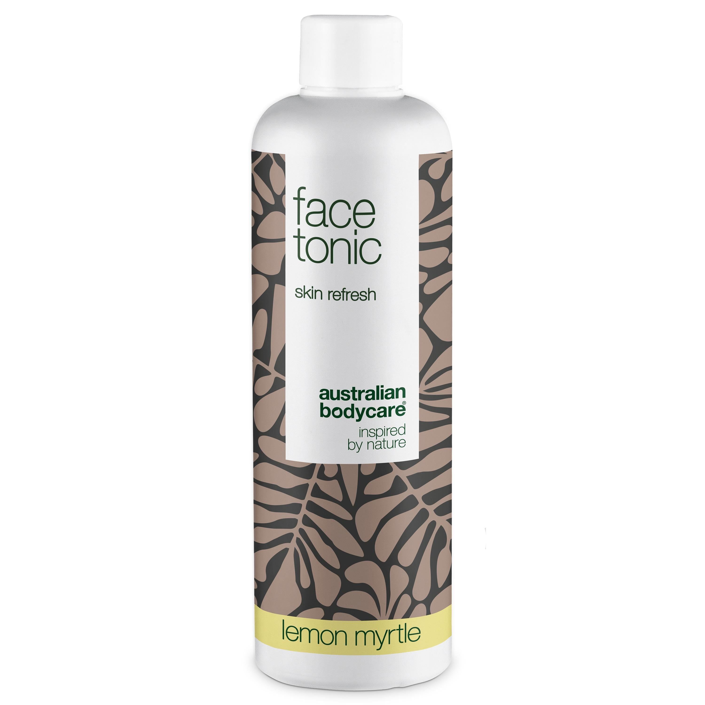 Weiß-braune Flasche mit „face tonic“ Aufschrift. Marke: Australian Bodycare. „Lemon Myrtle“ steht unten.