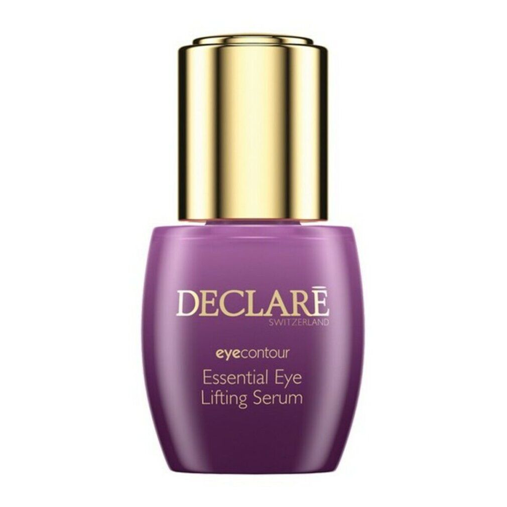 Violette Flasche mit goldfarbenem Deckel. Aufschrift: DECLARE SWITZERLAND, eyecoutour, Essential Eye Lifting Serum.