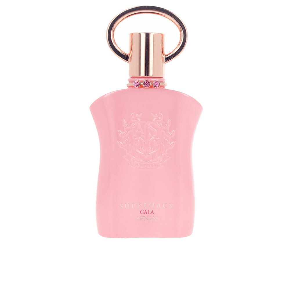 Rosa Flakon mit goldfarbenem Verschluss und Ring. Aufschrift 'SUPREMACY GALA'. Dekorative Elemente am Hals.