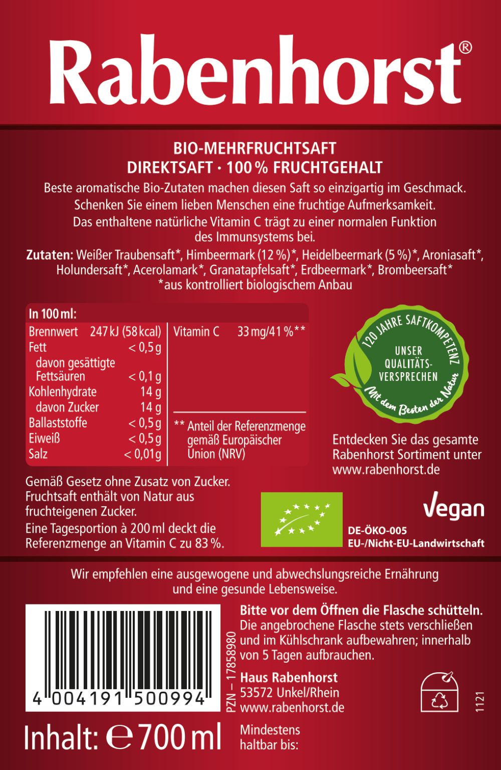 Rückseite der Rabenhorst Von Herzen BIO-Saftflasche. Etikett mit Zutaten, Nährwertangaben und Bio-Siegel.