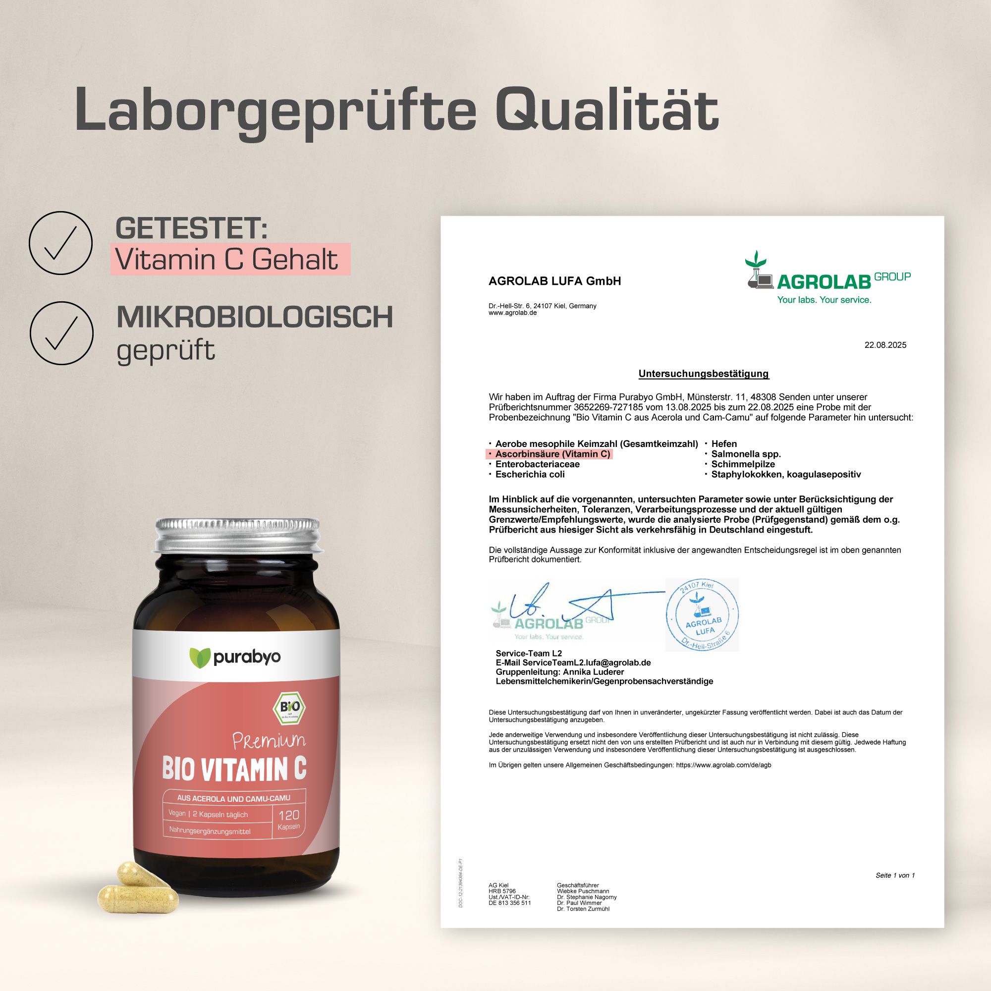 Braunglasflasche mit "Purabyo Bio Vitamin C" und Laborbericht. Zertifizierungen und Testergebnisse sind sichtbar.