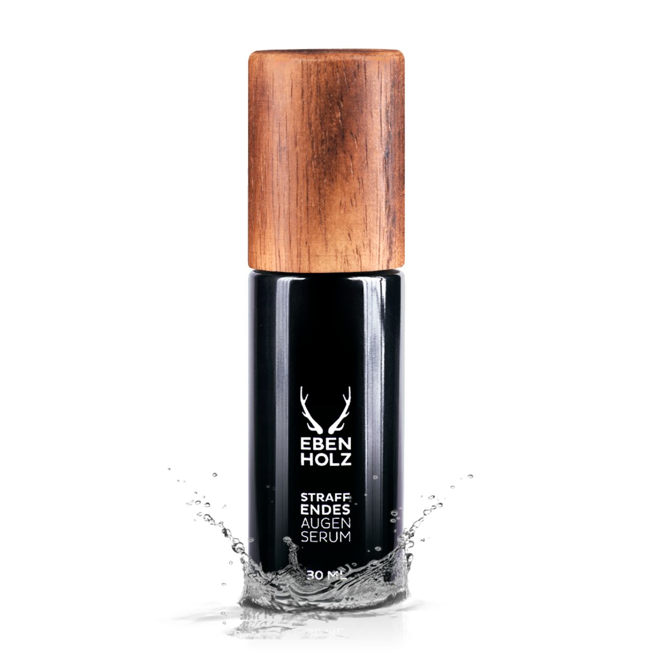 Schwarze Flasche mit Holzdeckel. Aufschrift: EBENHOLZ, Straffendes Augenserum, 30 ml. Weißes Logo mit Hirschgeweih. Wasser spritzt.