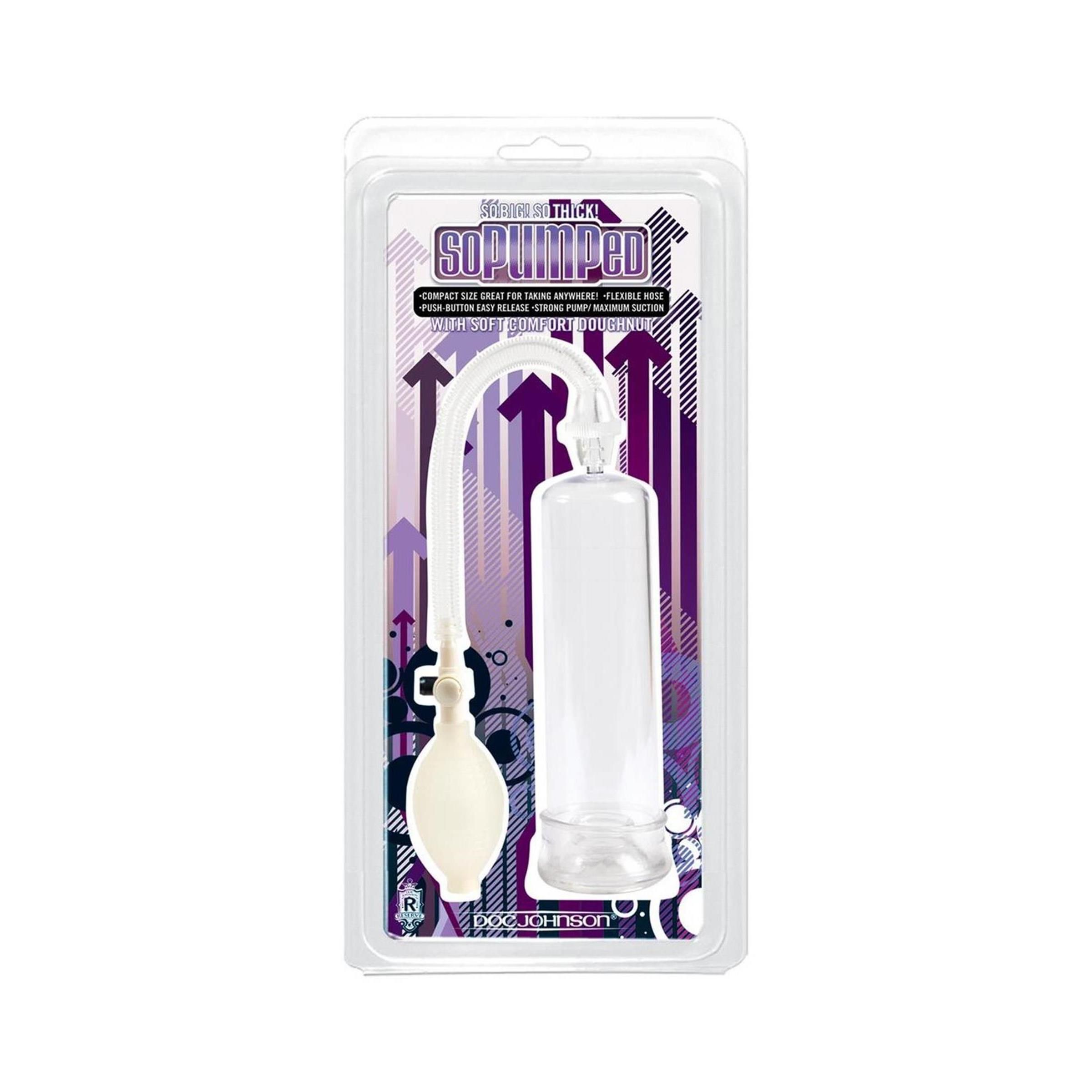 Penis-Pumpe ohne Sleeve in Blisterverpackung. Transparenter Zylinder, weißer Pumpball, Schlauch. Aufschrift: SO PUMPED, Doc Johnson.