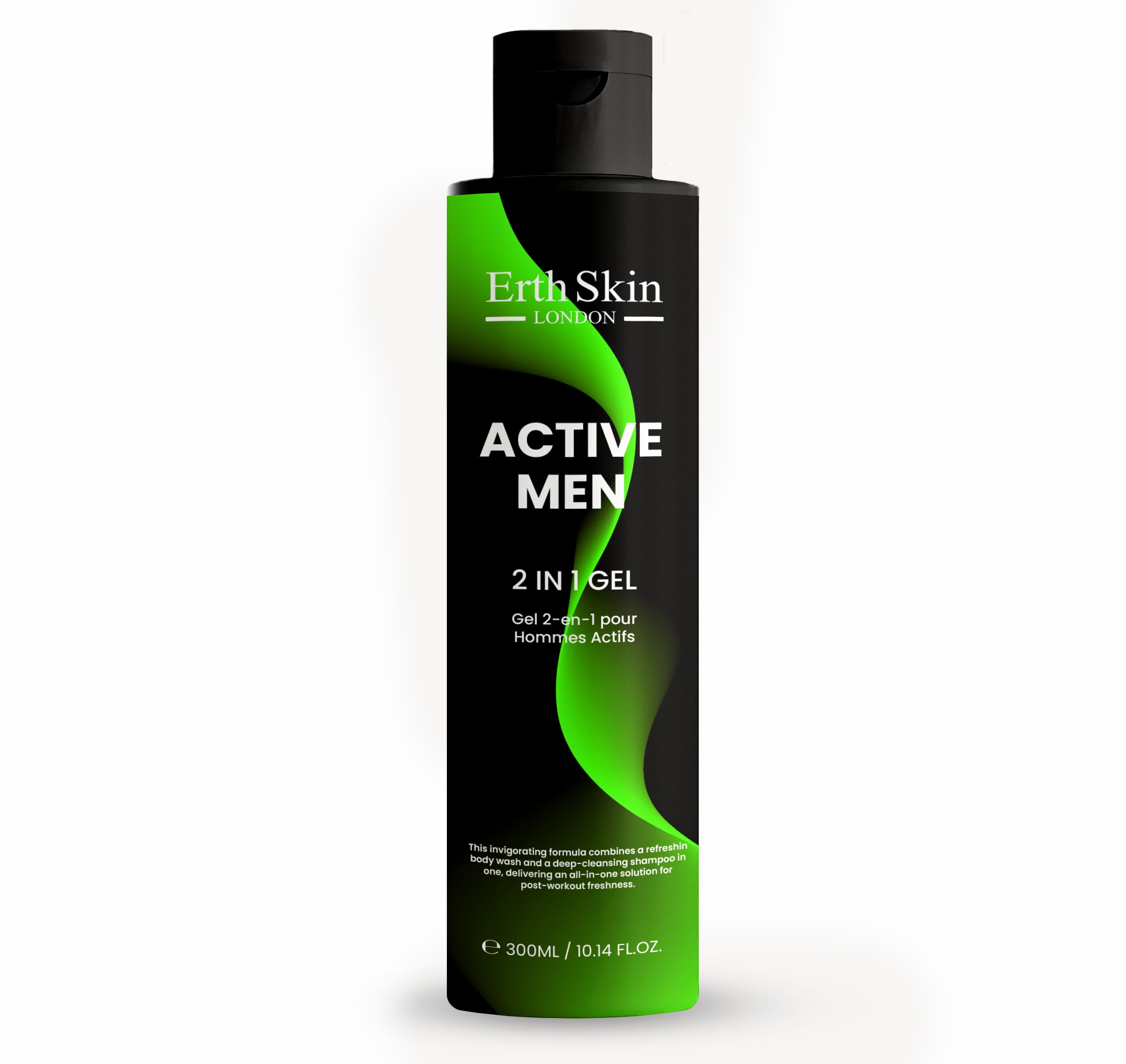 Flacone nero ErthSkin London Aktiv Männer 2 in 1 Gel. Accento verde, testo bianco. Nome e dettagli del prodotto.