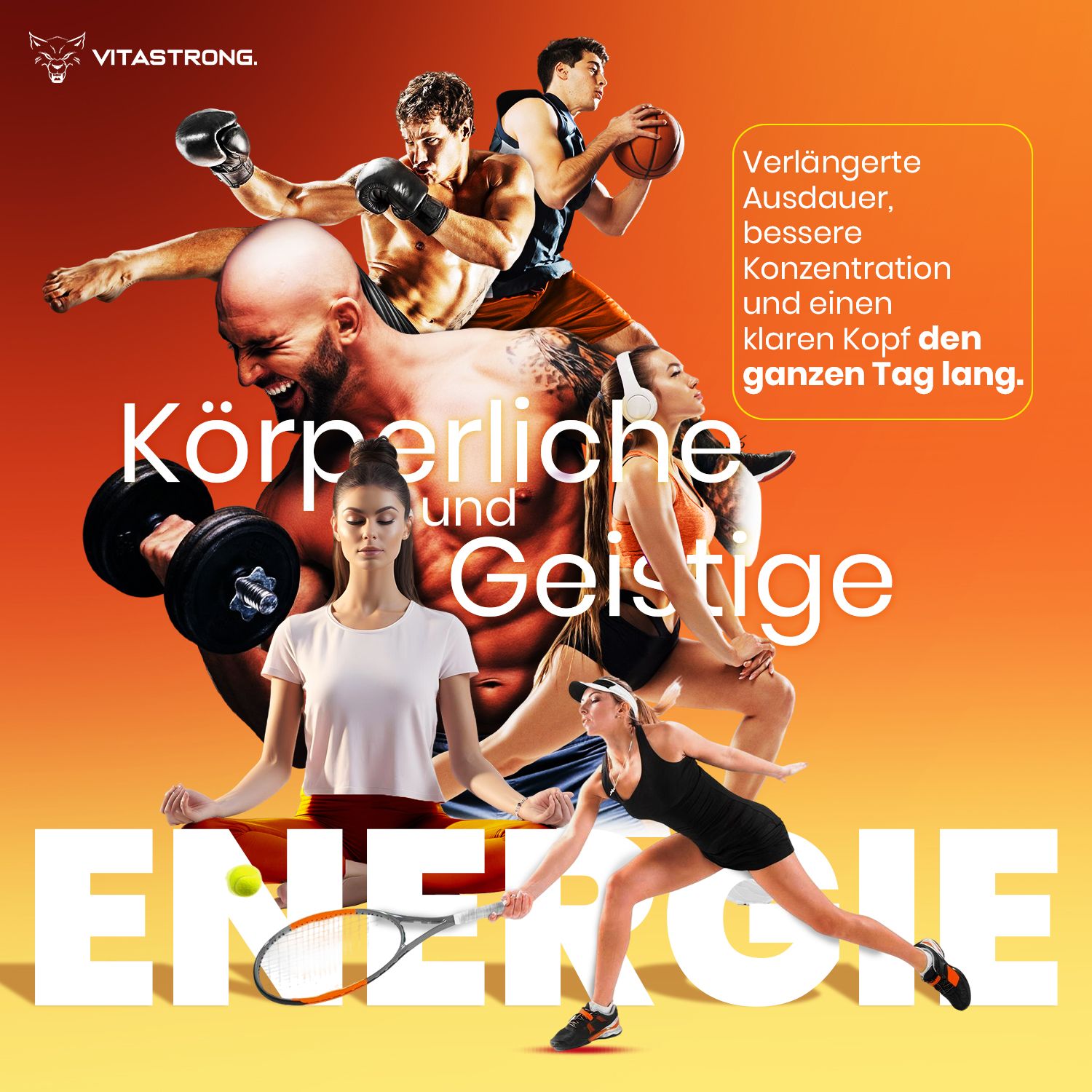 Werbebild mit Sportlern. Text: Körperliche und geistige Energie. Sportler in verschiedenen Disziplinen.