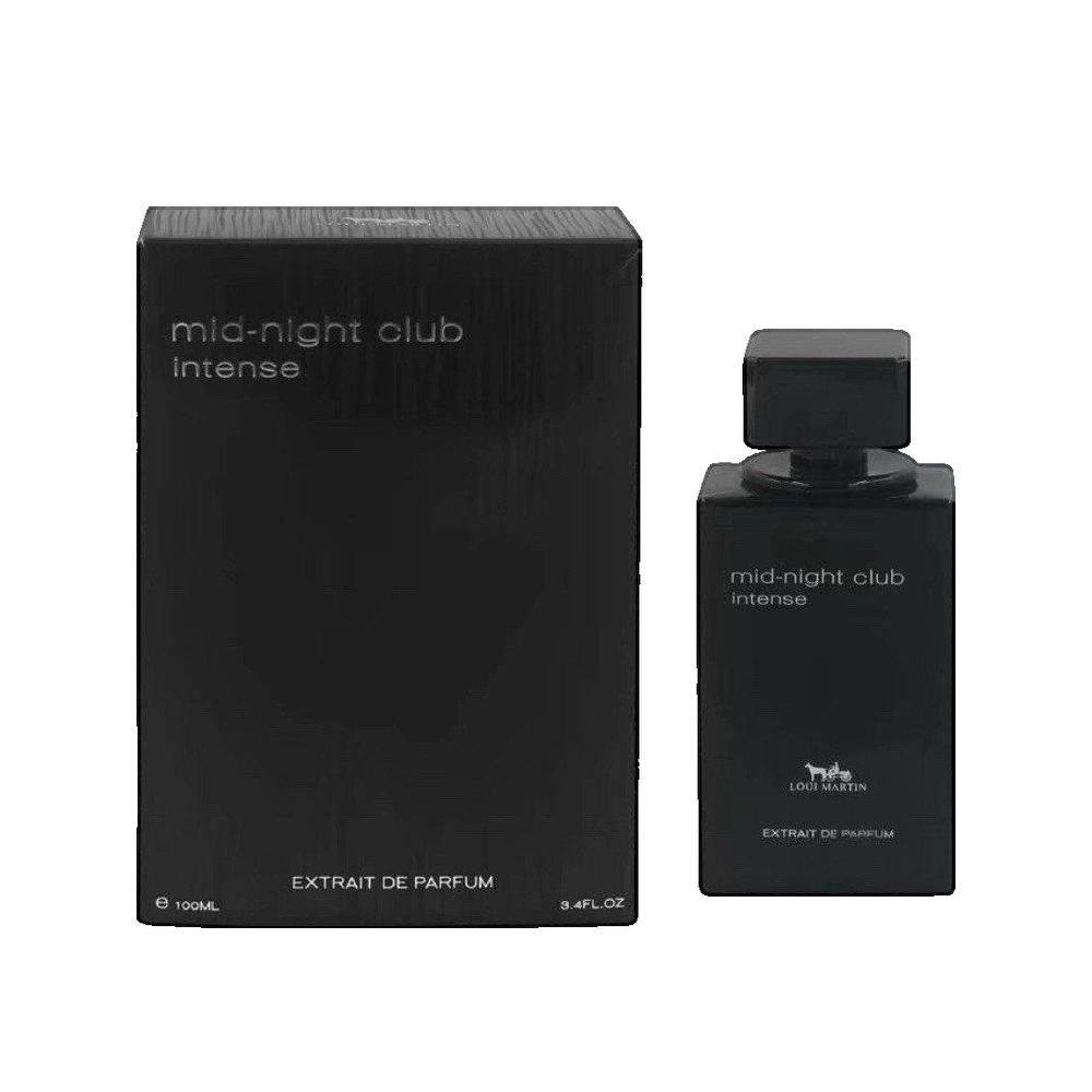 Schwarzer Flakon und Schachtel. Aufschrift: mid-night club intense. Extrait de Parfum. Logo. Eckige Form. Schwarzer Deckel.