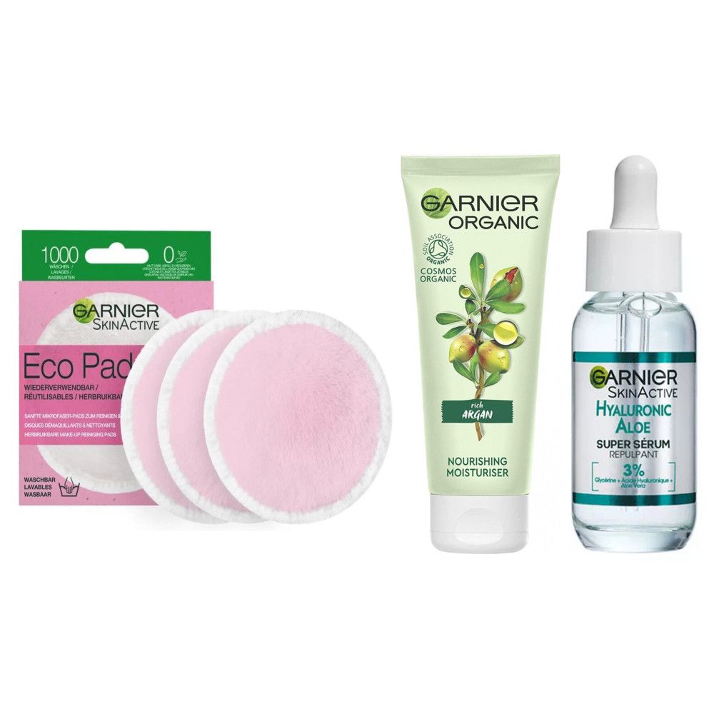 Garnier - Gesichtspflegeroutine – Argan-Creme + Hyaluron-Serum Abschminkpads 3 Pc