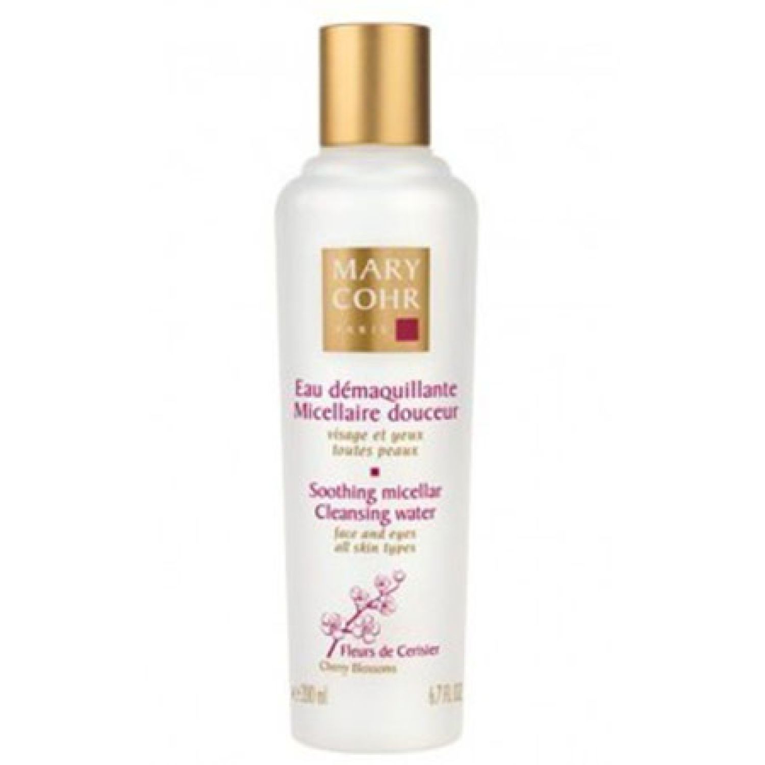 Weiße Flasche mit goldfarbenem Deckel. Text: MARY COHR, Eau démaquillante Micellaire douceur, Soothing micellar Cleansing water.