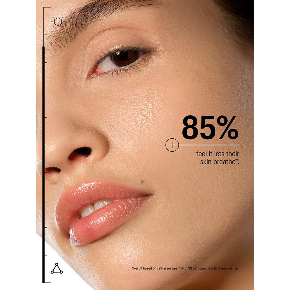 Nahaufnahme eines Gesichts. Text: 85% feel it lets their skin breathe. Skala mit Sonne und Dreieck.