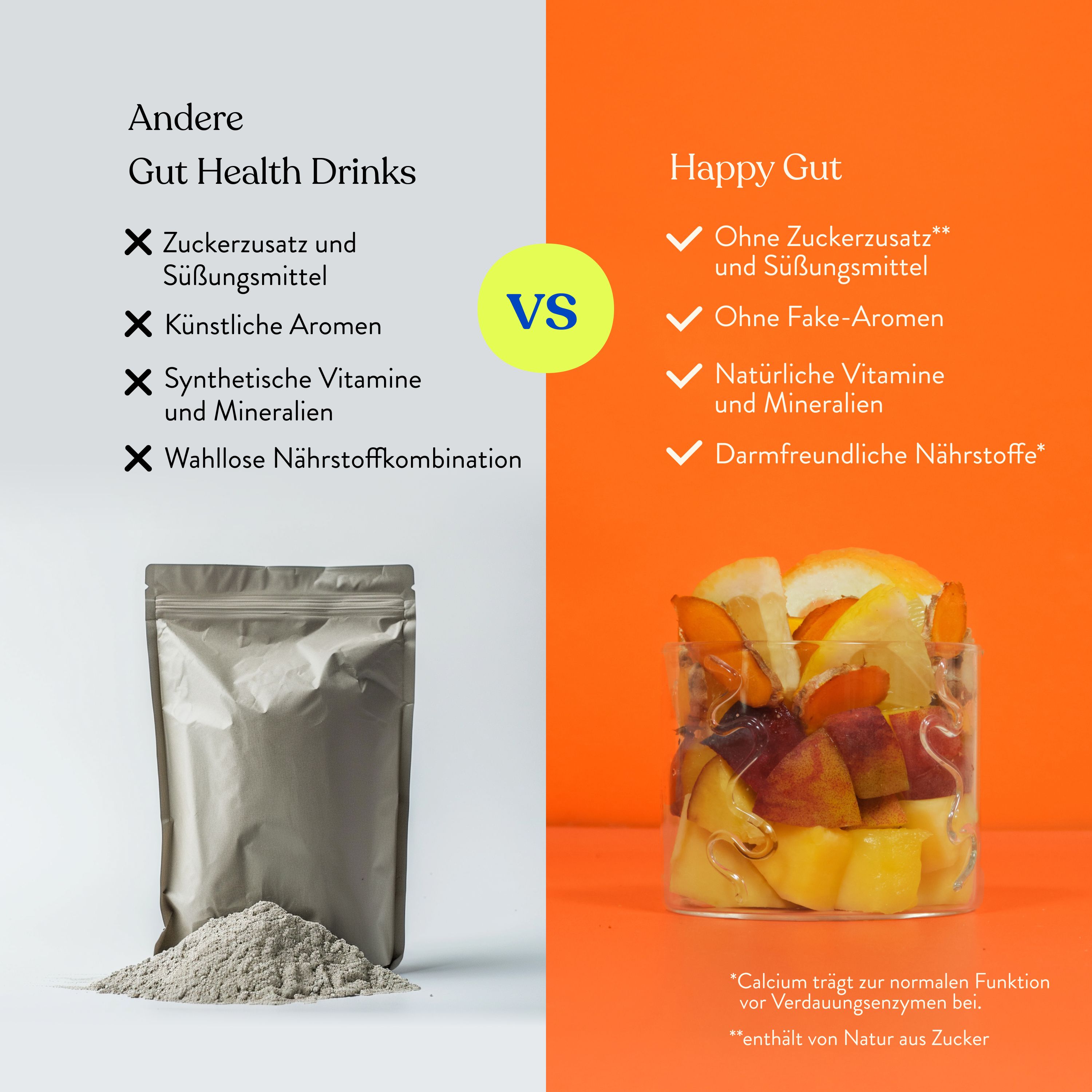 Vergleich: Gut Health Drinks vs. Happy Gut. Gut Health Drinks: Zuckerzusatz, künstliche Aromen, synthetische Vitamine. Happy Gut: ohne Zucker, natürliche Vitamine.