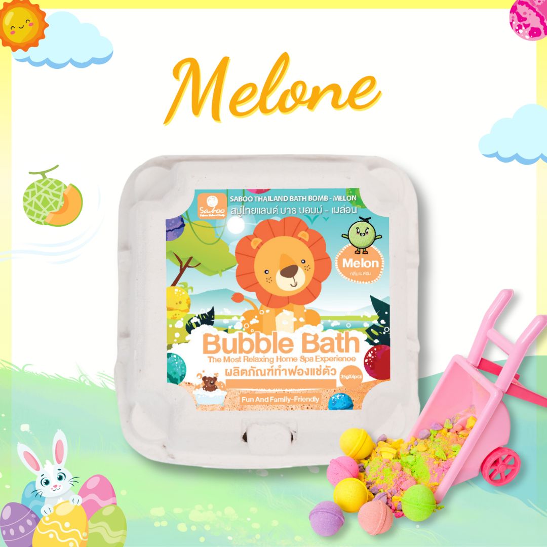 Verpackung mit Badbomben, Melone. Illustration mit Löwe, Produktname und weitere Elemente.