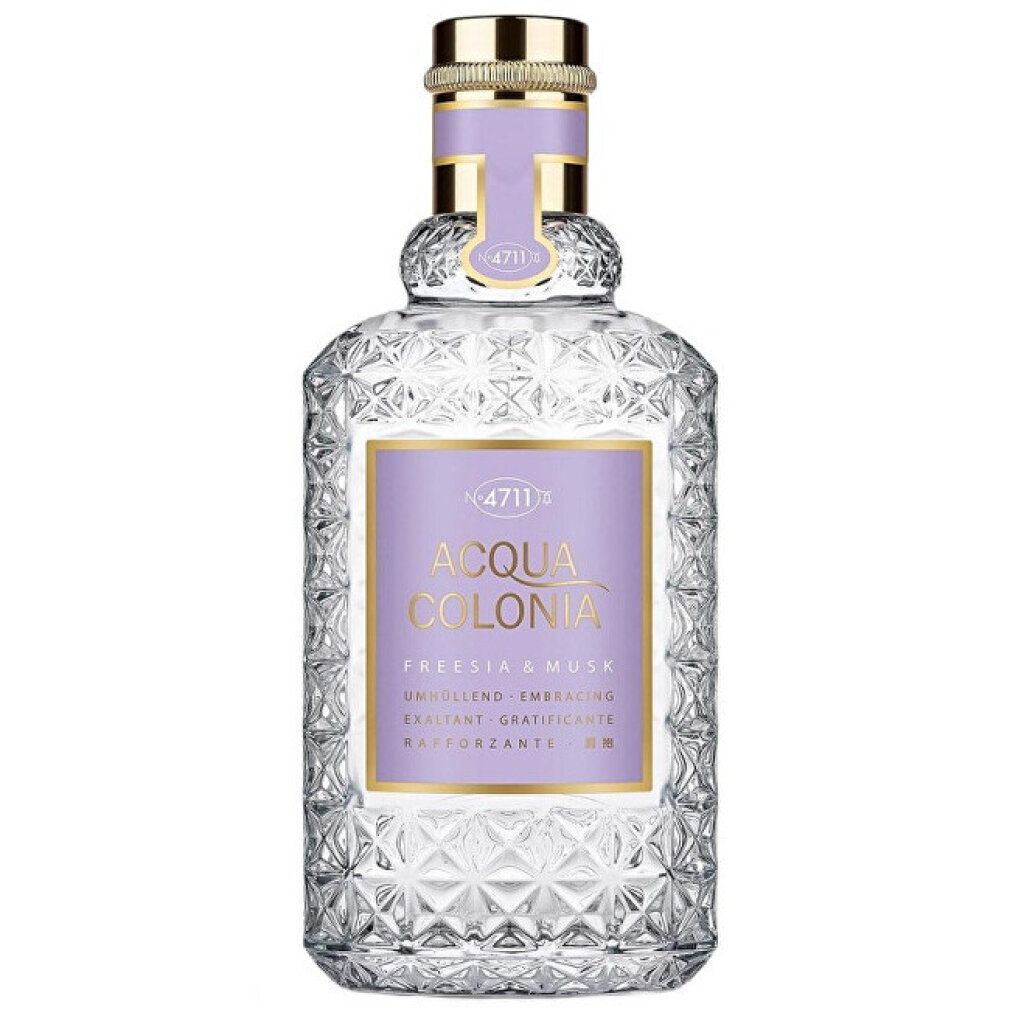 Glasflasche mit 4711 Acqua Colonia Freesia & Musk Eau de Cologne, goldener Verschluss.