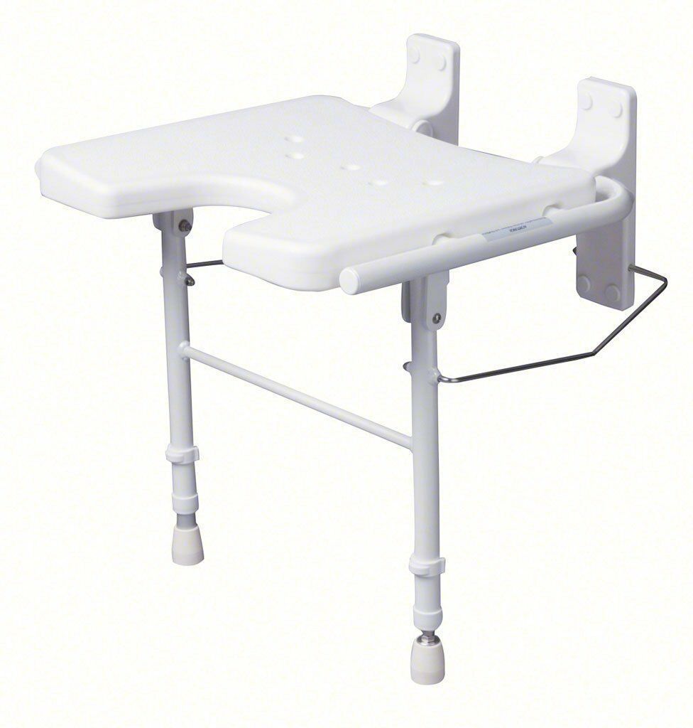 Weißer Duschklappsitz, ausgeklappt. Mit Armlehne und Beinen. An der Wand montiert.