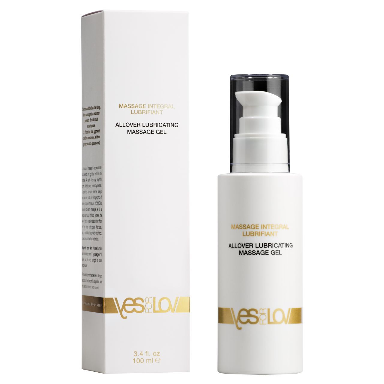 Weisse Flasche mit Pumpverschluss und Verpackung. Aufschrift: Massage Integral, Allover Lubricating Massage Gel. Goldfarbenes Logo. 100 ml.