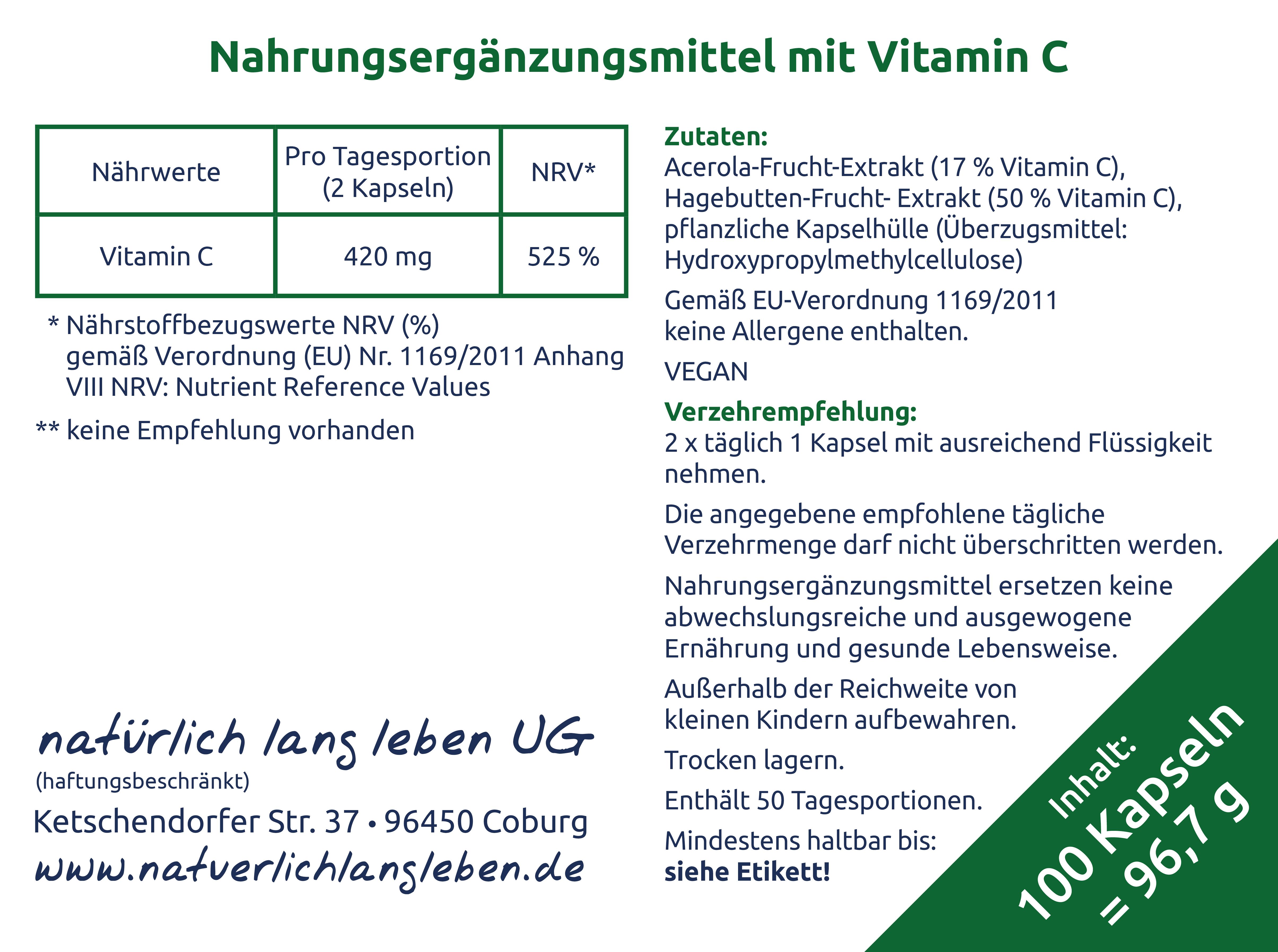 Etikett mit Nährwertangaben und Inhaltsstoffen. Text: 'Nahrungsergänzungsmittel mit Vitamin C'. Enthält 100 Kapseln.