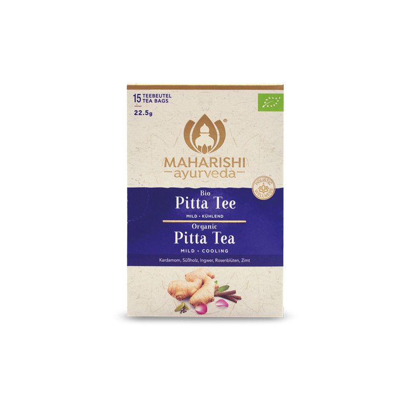 Verpackung von Maharishi Ayurveda Bio Pitta Tee. Enthält 15 Teebeutel. Aufdrucke: Bio, Organic, Pitta Tee, mild-kühlend.