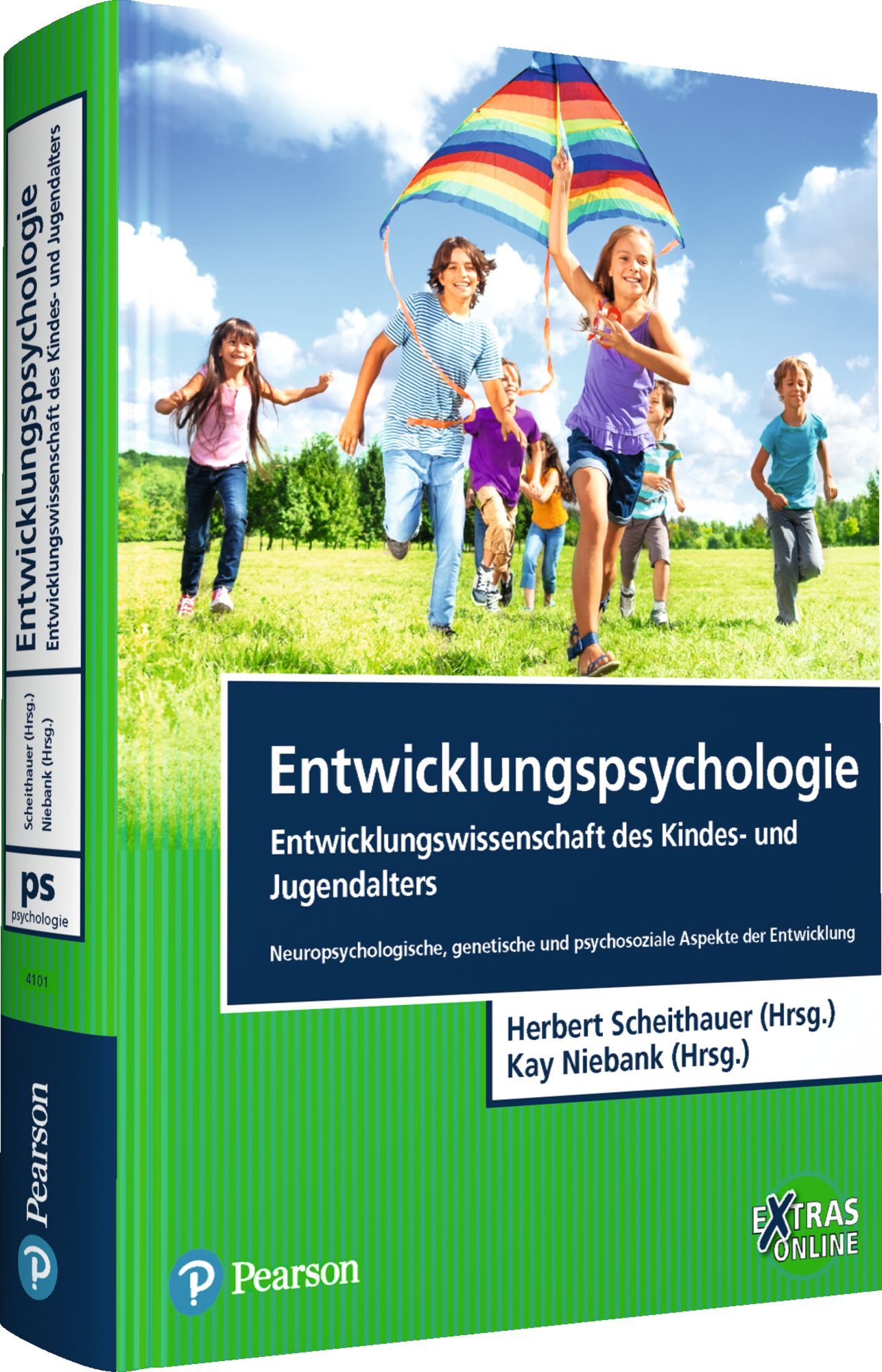 Buchcover: Entwicklungspsychologie. Kinder spielen mit Drachen. Titel, Autoren, Pearson-Logo. Grün, blau, weiß.