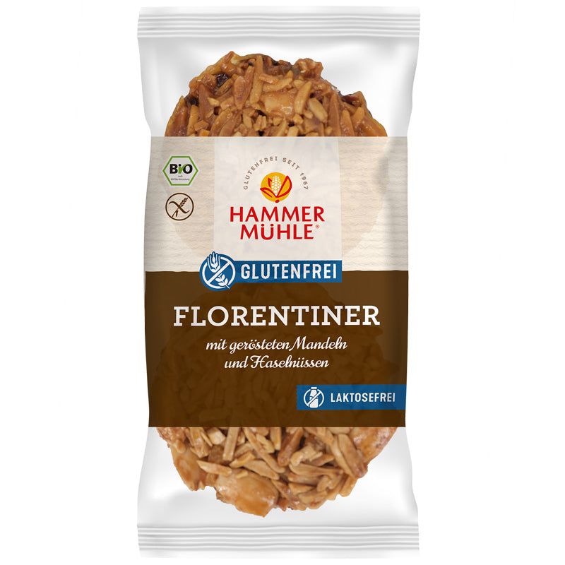 Florentiner glutenfrei in Folienverpackung. Mit gerösteten Mandeln und Haselnüssen. Marke: Hammermühle. Bio-Siegel.