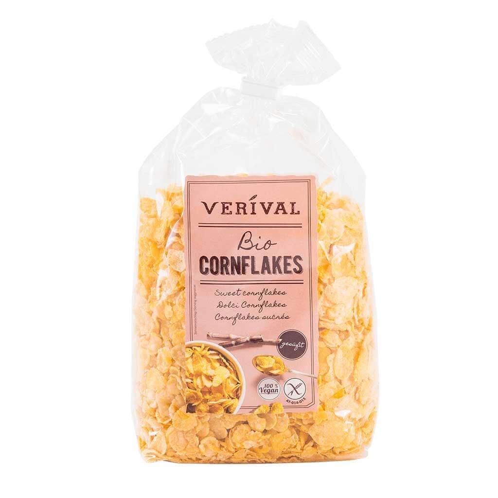 Verival Bio Cornflakes in transparenter Verpackung. Aufdruck mit Produktbezeichnung und glutenfrei-Symbol.
