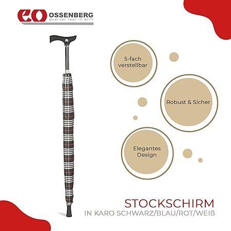 Gehstock-Regenschirm, geschlossen. Schwarz-weiß kariert. Schwarzer Griff und Schaft. Ossenberg Logo. Text: Stockschirm.