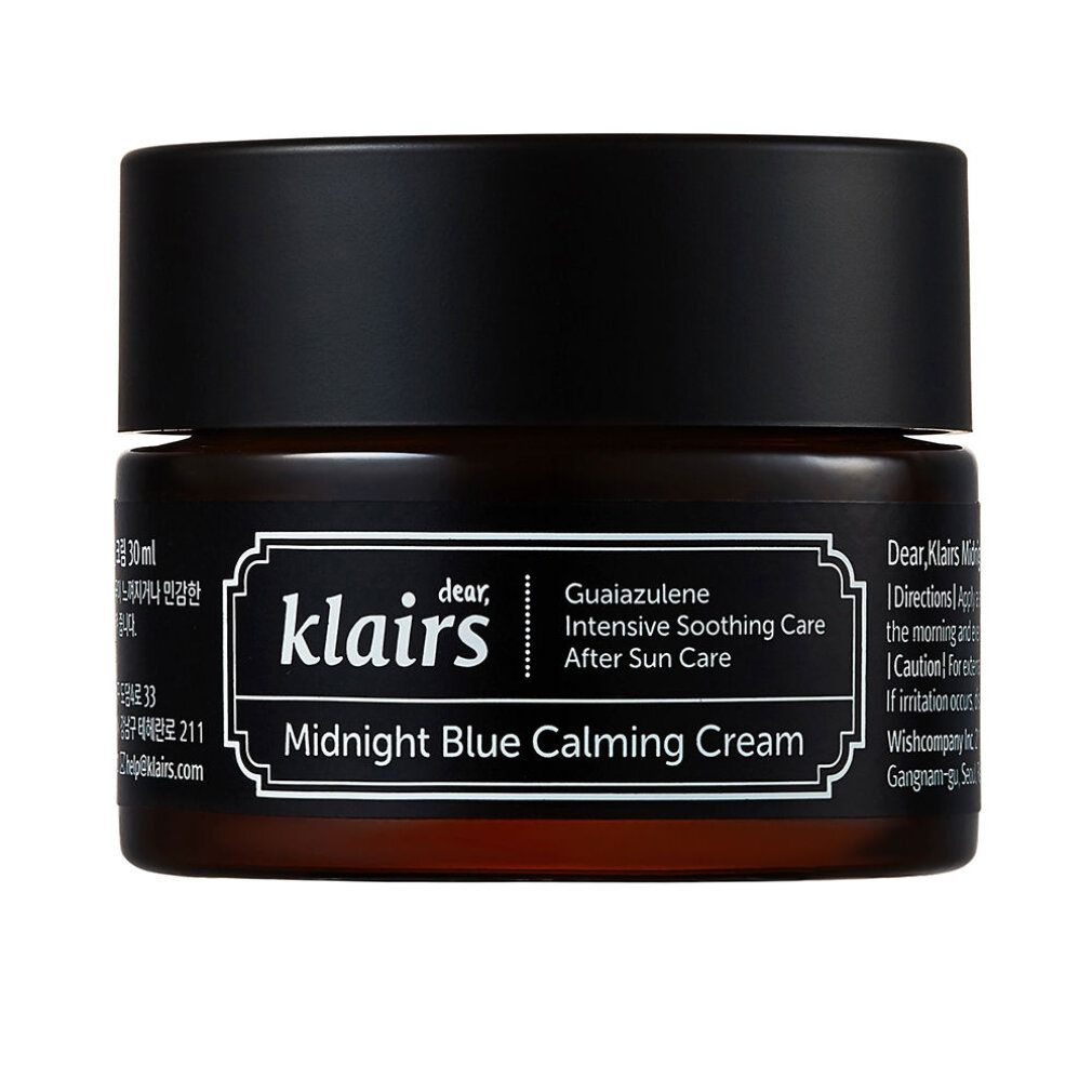 Glas mit schwarzem Deckel. Aufschrift: Dear Klairs Midnight Blue Calming Cream. Auf weißem Hintergrund.