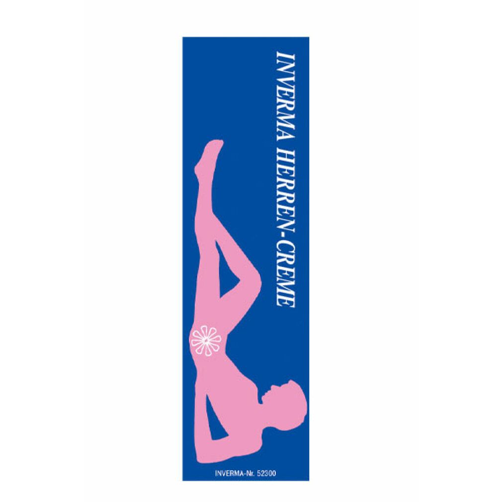 Blaue Verpackung mit rosa Silhouette. Text: INVERMA HERREN-CREME. Vertikale Ansicht.
